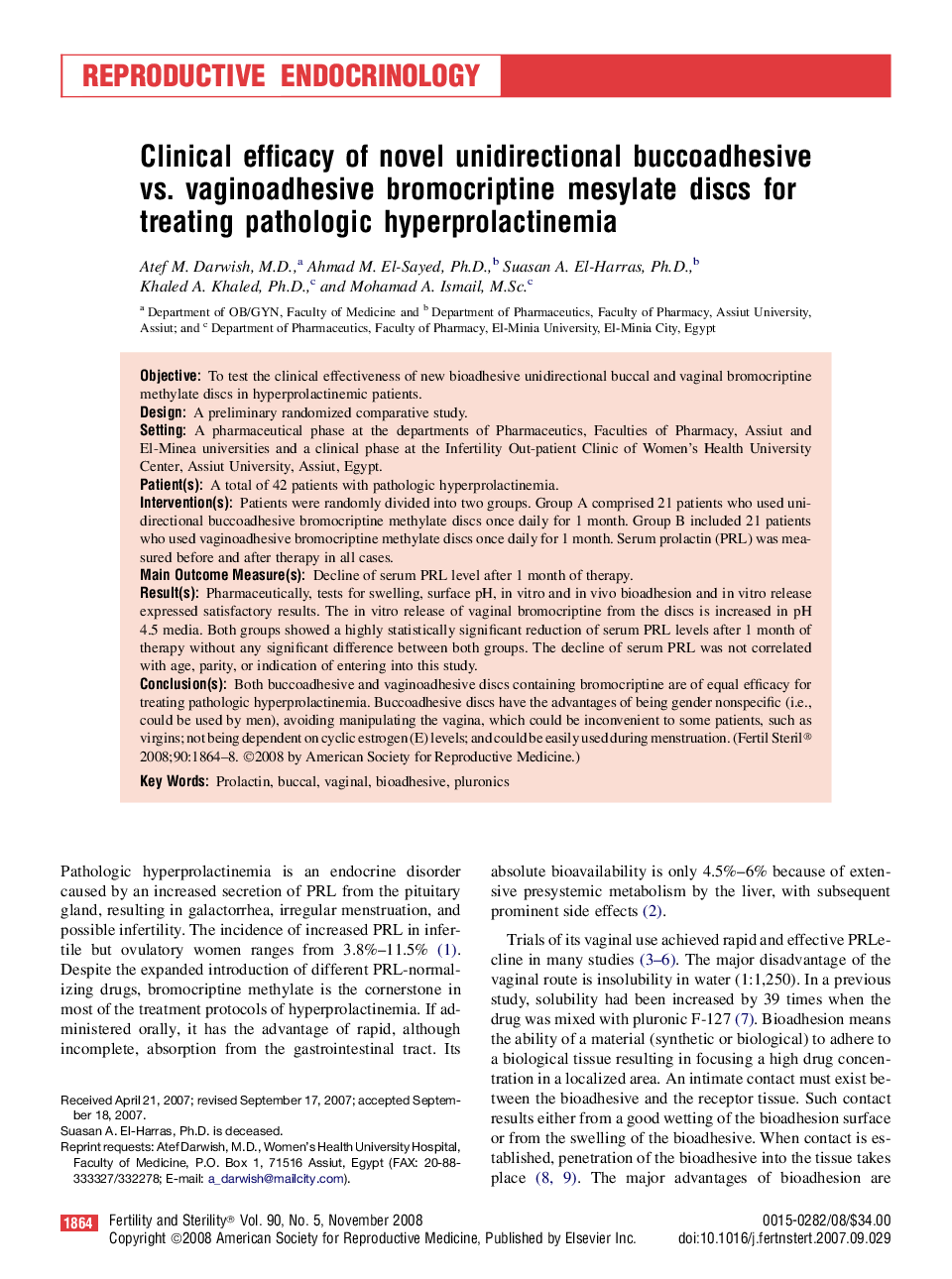 Clinical efficacy of novel unidirectional buccoadhesive vs. vaginoadhesive bromocriptine mesylate discs for treating pathologic hyperprolactinemia 