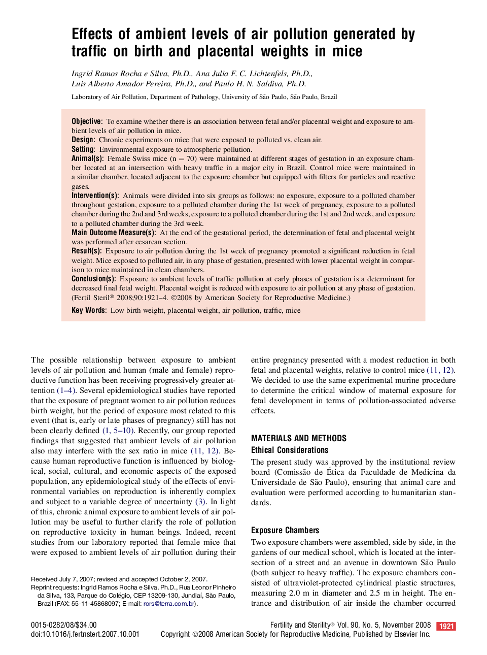 Effects of ambient levels of air pollution generated by traffic on birth and placental weights in mice