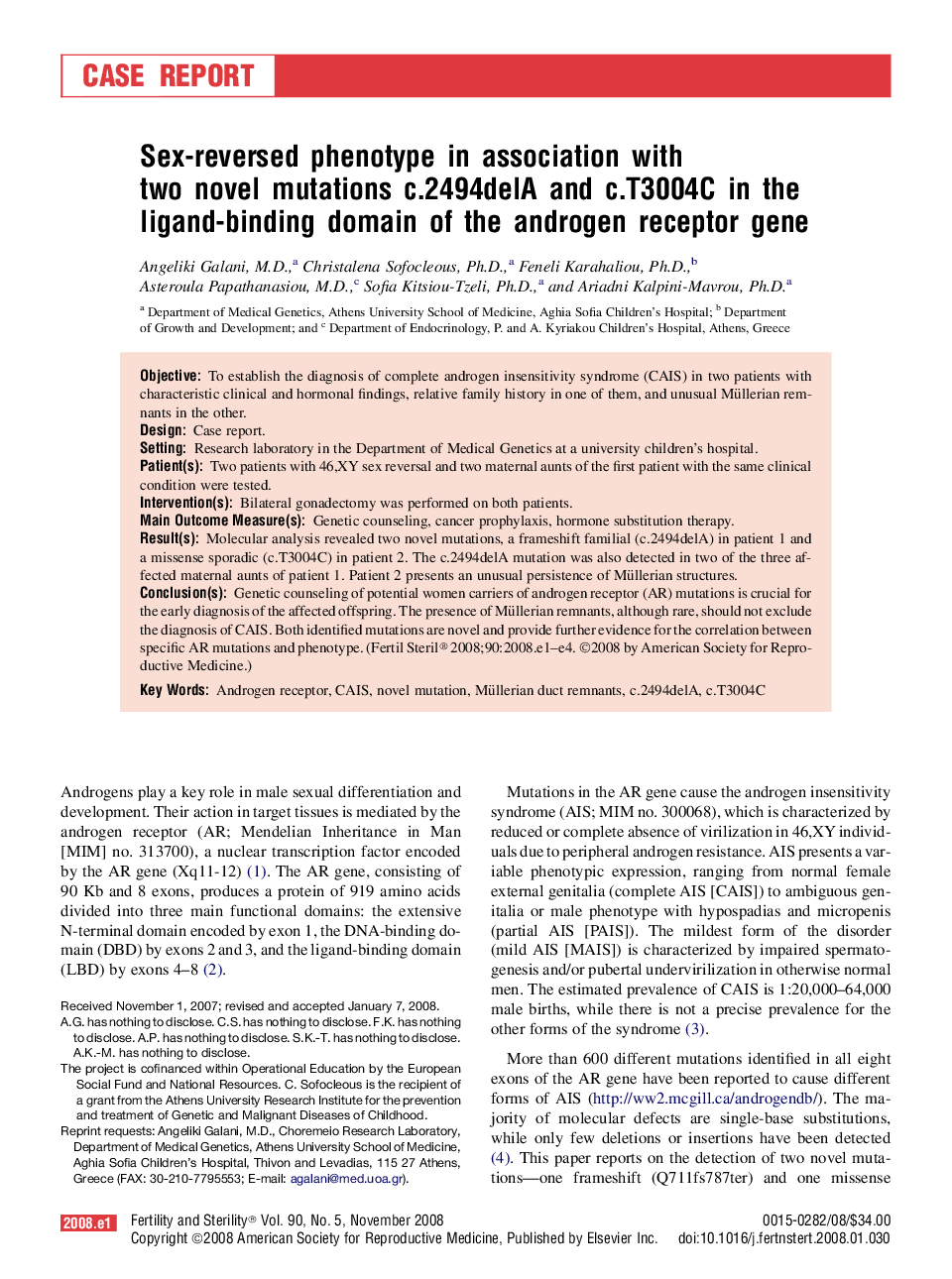 Sex-reversed phenotype in association with two novel mutations c.2494delA and c.T3004C in the ligand-binding domain of the androgen receptor gene