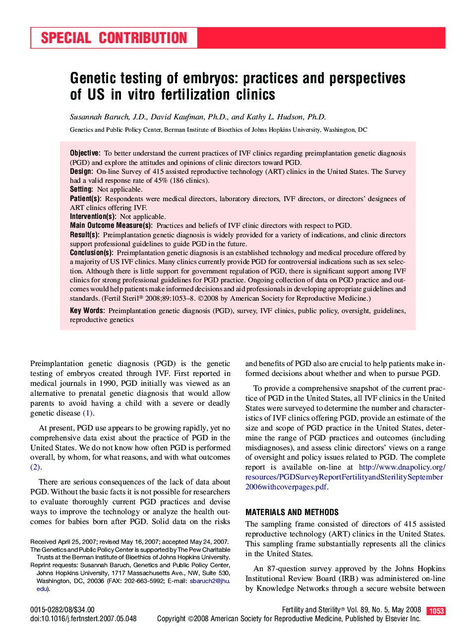 Genetic testing of embryos: practices and perspectives of US in vitro fertilization clinics 