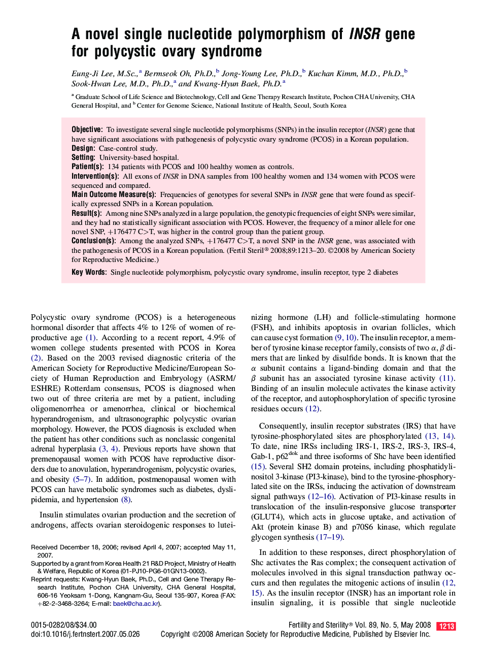 A novel single nucleotide polymorphism of INSR gene for polycystic ovary syndrome 