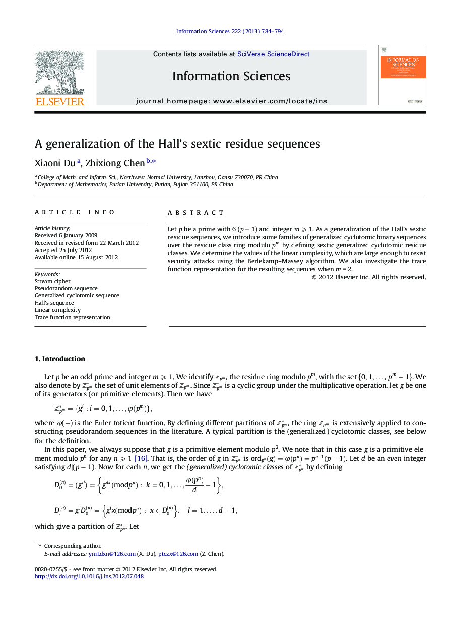 A generalization of the Hall’s sextic residue sequences