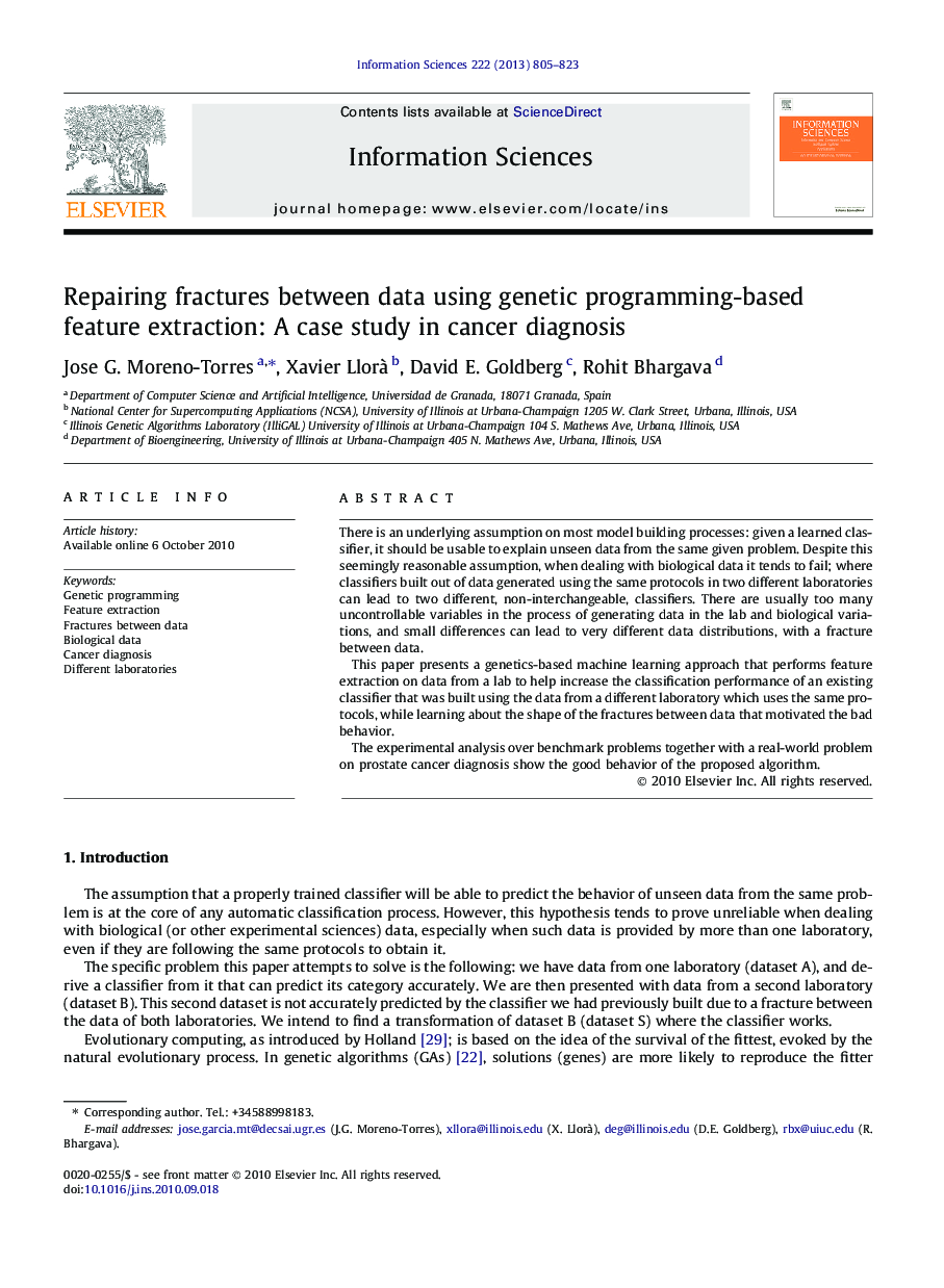 Repairing fractures between data using genetic programming-based feature extraction: A case study in cancer diagnosis