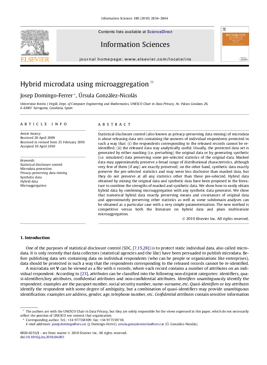 Hybrid microdata using microaggregation 