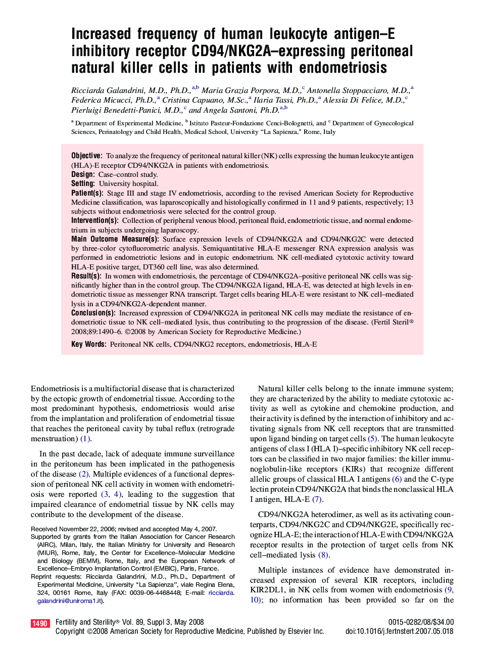 Increased frequency of human leukocyte antigen–E inhibitory receptor CD94/NKG2A–expressing peritoneal natural killer cells in patients with endometriosis 