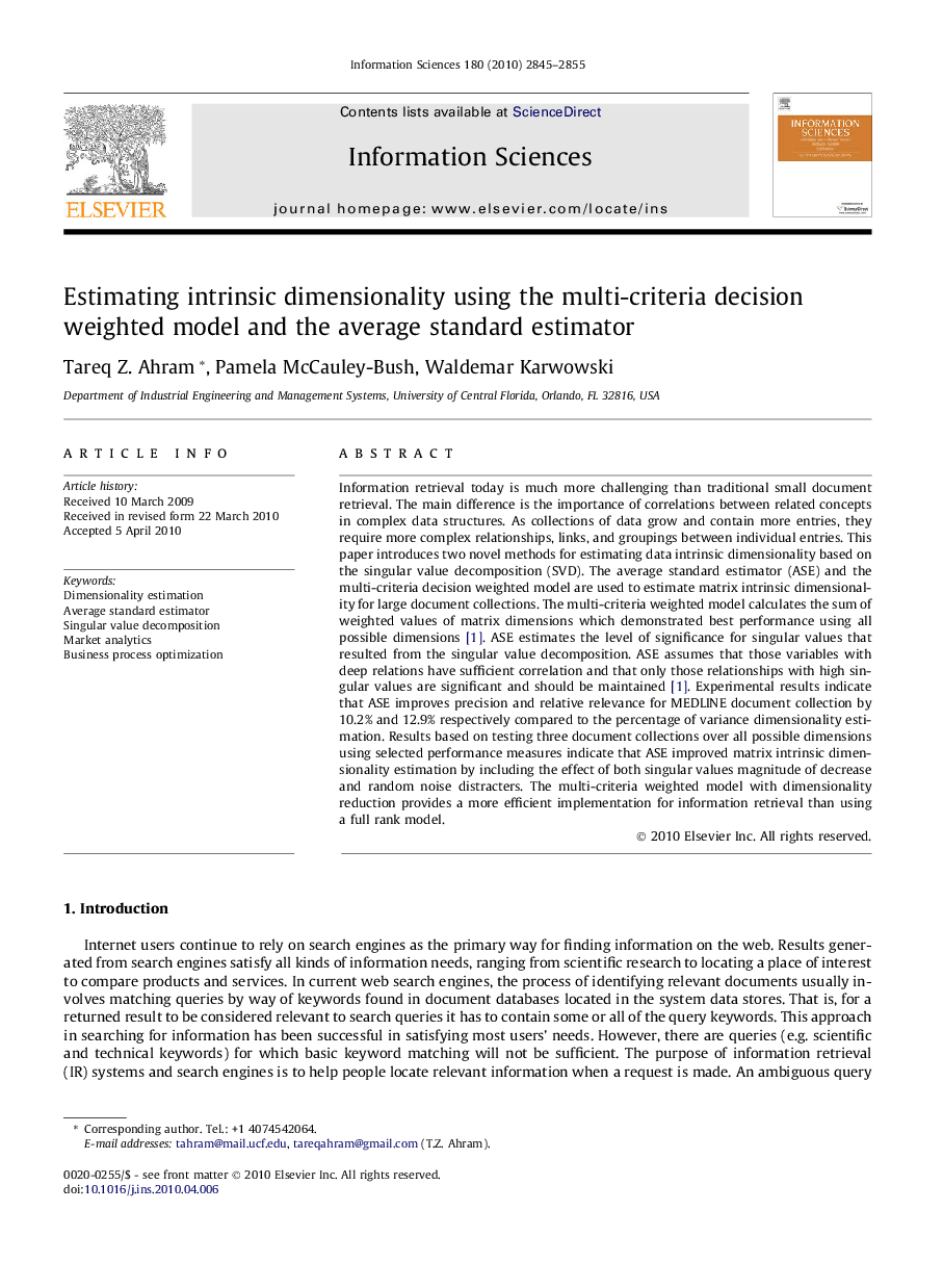 Estimating intrinsic dimensionality using the multi-criteria decision weighted model and the average standard estimator