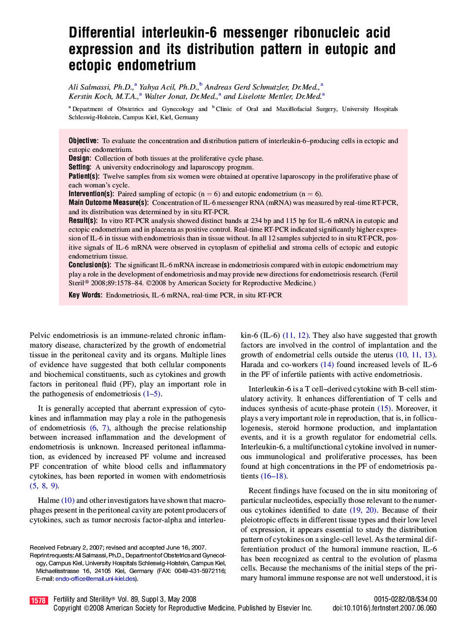 Differential interleukin-6 messenger ribonucleic acid expression and its distribution pattern in eutopic and ectopic endometrium