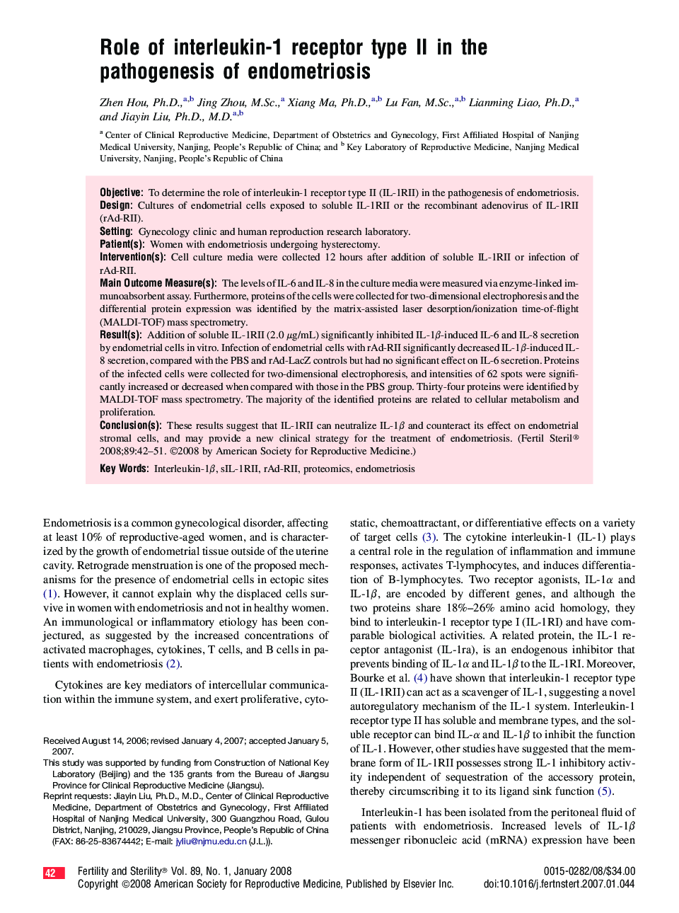 عکس صفحه اول مقاله: Role of interleukin-1 receptor type II in the pathogenesis of endometriosis Role of interleukin-1 receptor type II in the pathogenesis of endometriosis
