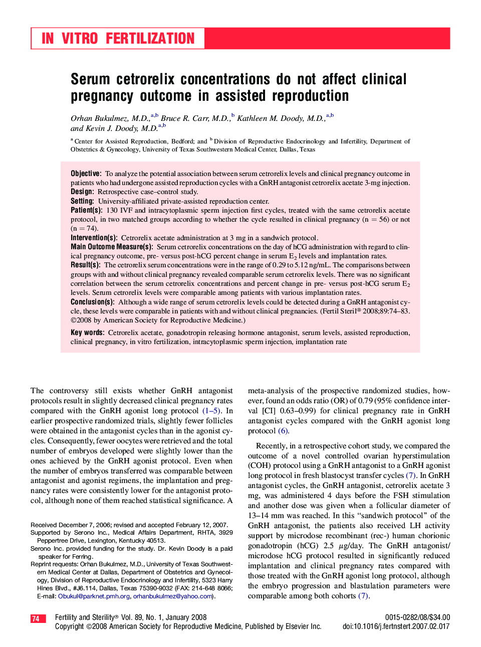 Serum cetrorelix concentrations do not affect clinical pregnancy outcome in assisted reproduction 