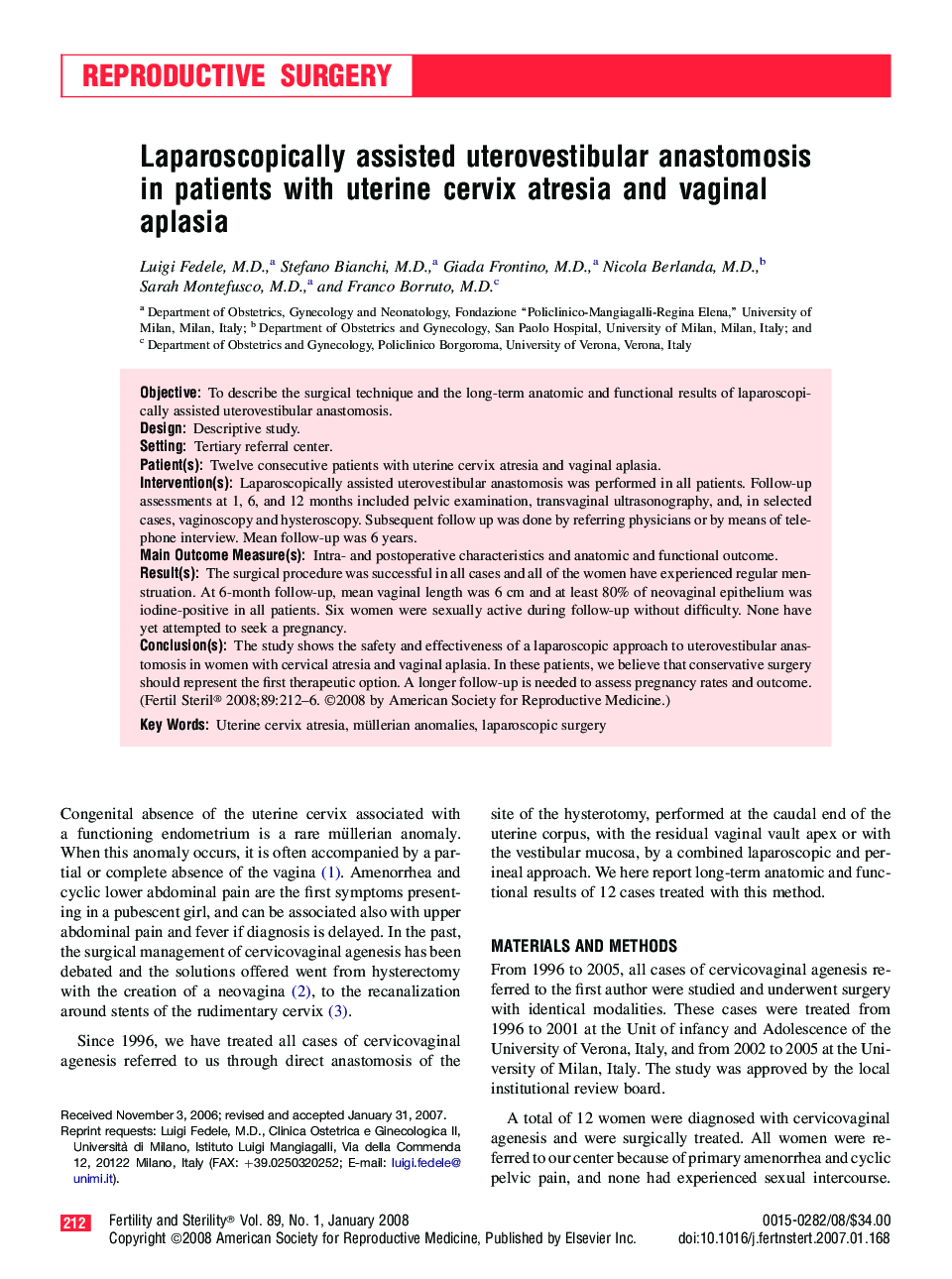 Laparoscopically assisted uterovestibular anastomosis in patients with uterine cervix atresia and vaginal aplasia