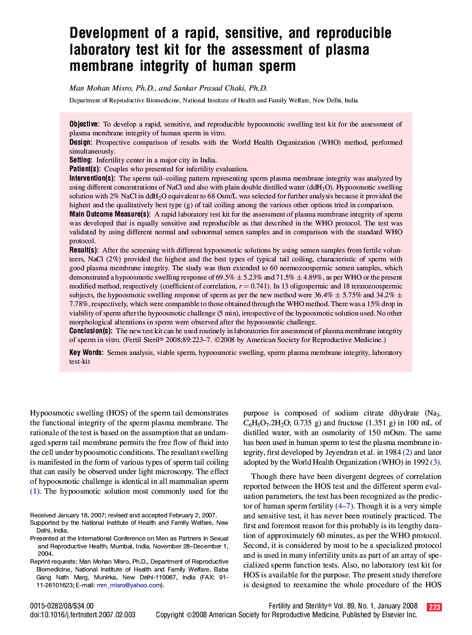 Development of a rapid, sensitive, and reproducible laboratory test kit for the assessment of plasma membrane integrity of human sperm