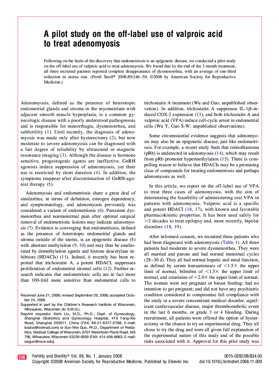 A pilot study on the off-label use of valproic acid to treat adenomyosis 