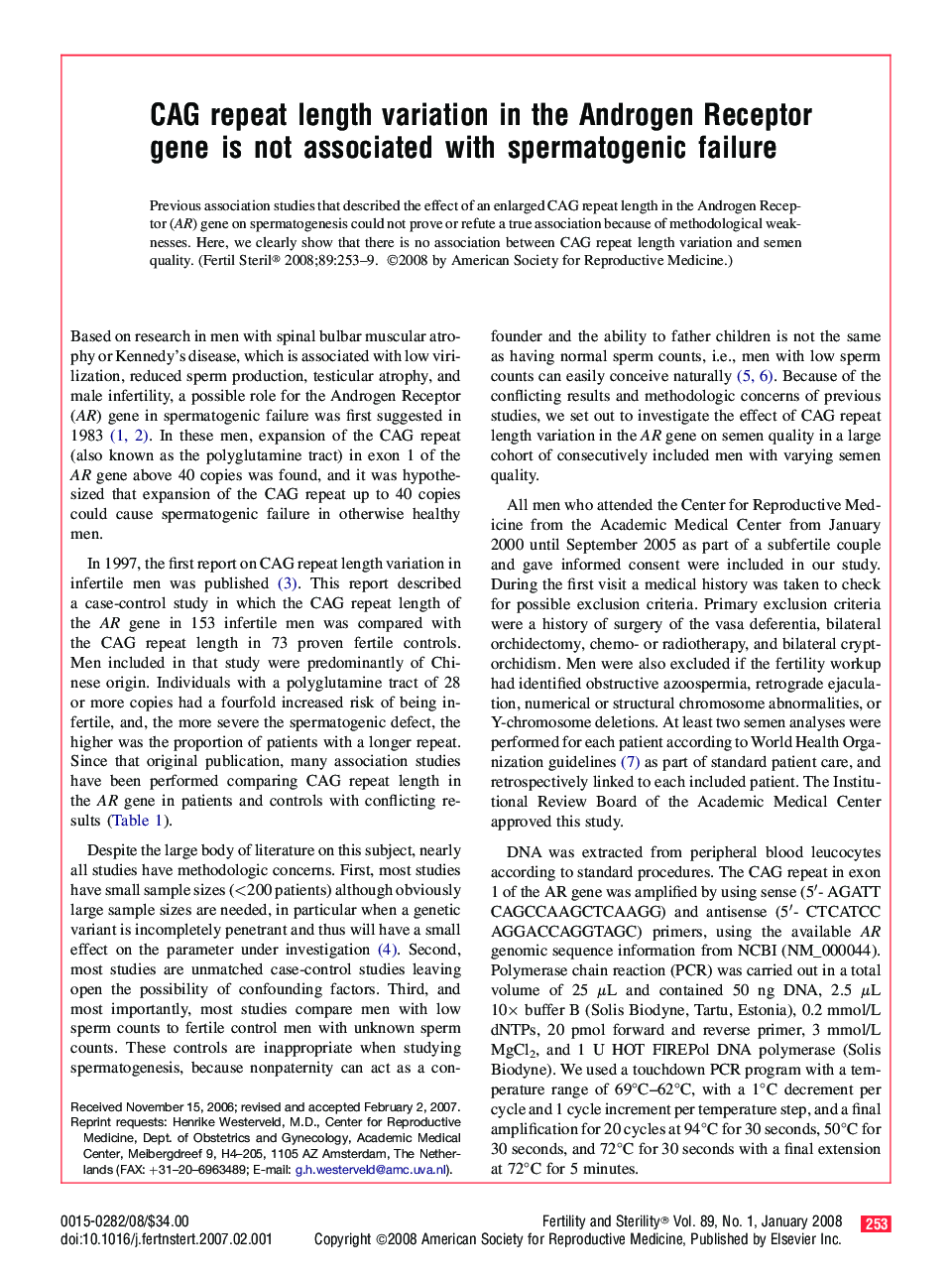 CAG repeat length variation in the Androgen Receptor gene is not associated with spermatogenic failure