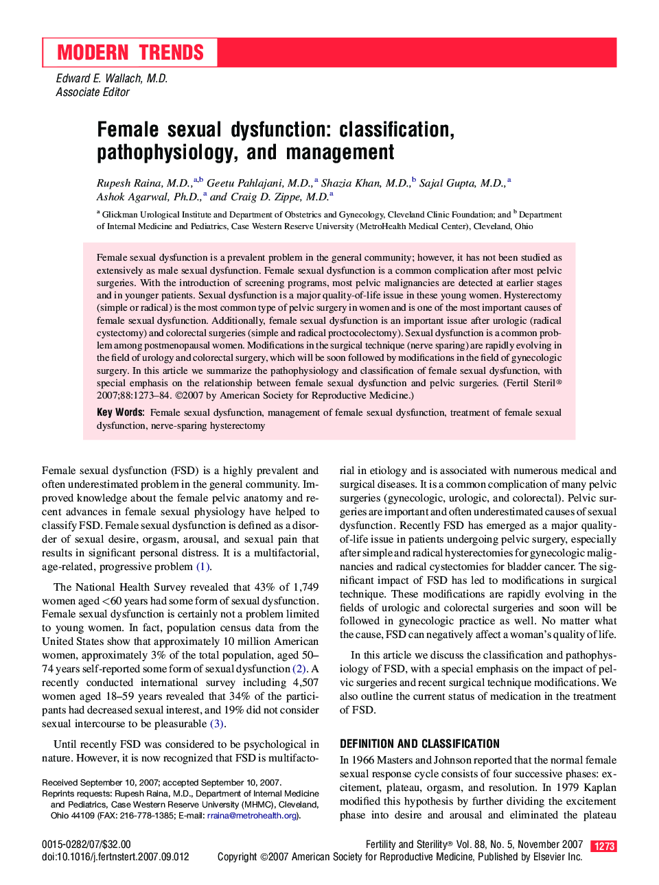 Female sexual dysfunction: classification, pathophysiology, and management 