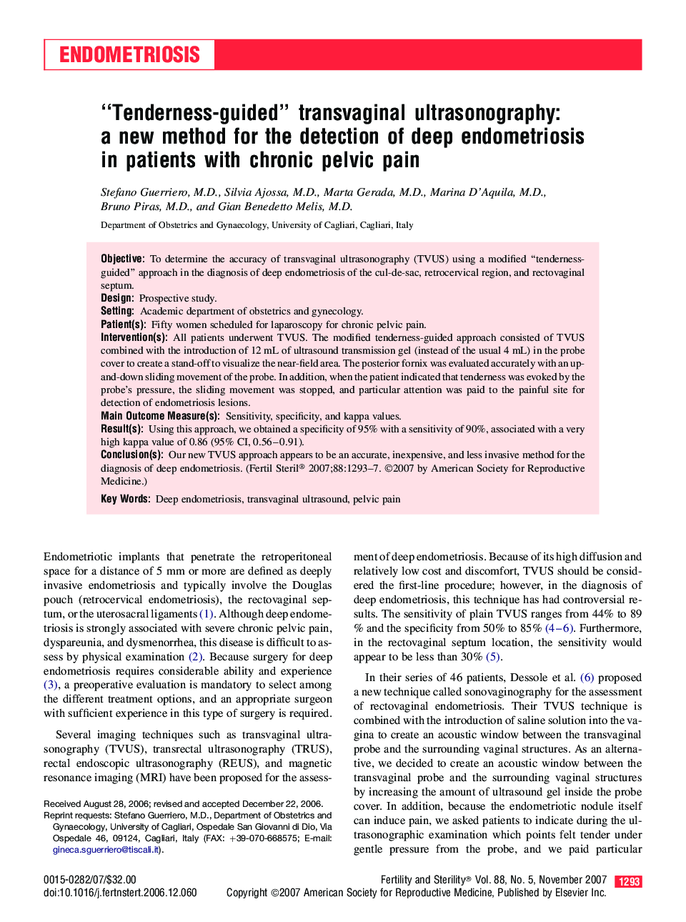 “Tenderness-guided” transvaginal ultrasonography: a new method for the detection of deep endometriosis in patients with chronic pelvic pain