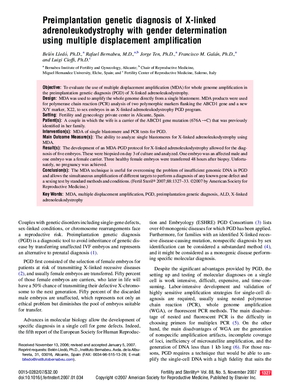 Preimplantation genetic diagnosis of X-linked adrenoleukodystrophy with gender determination using multiple displacement amplification