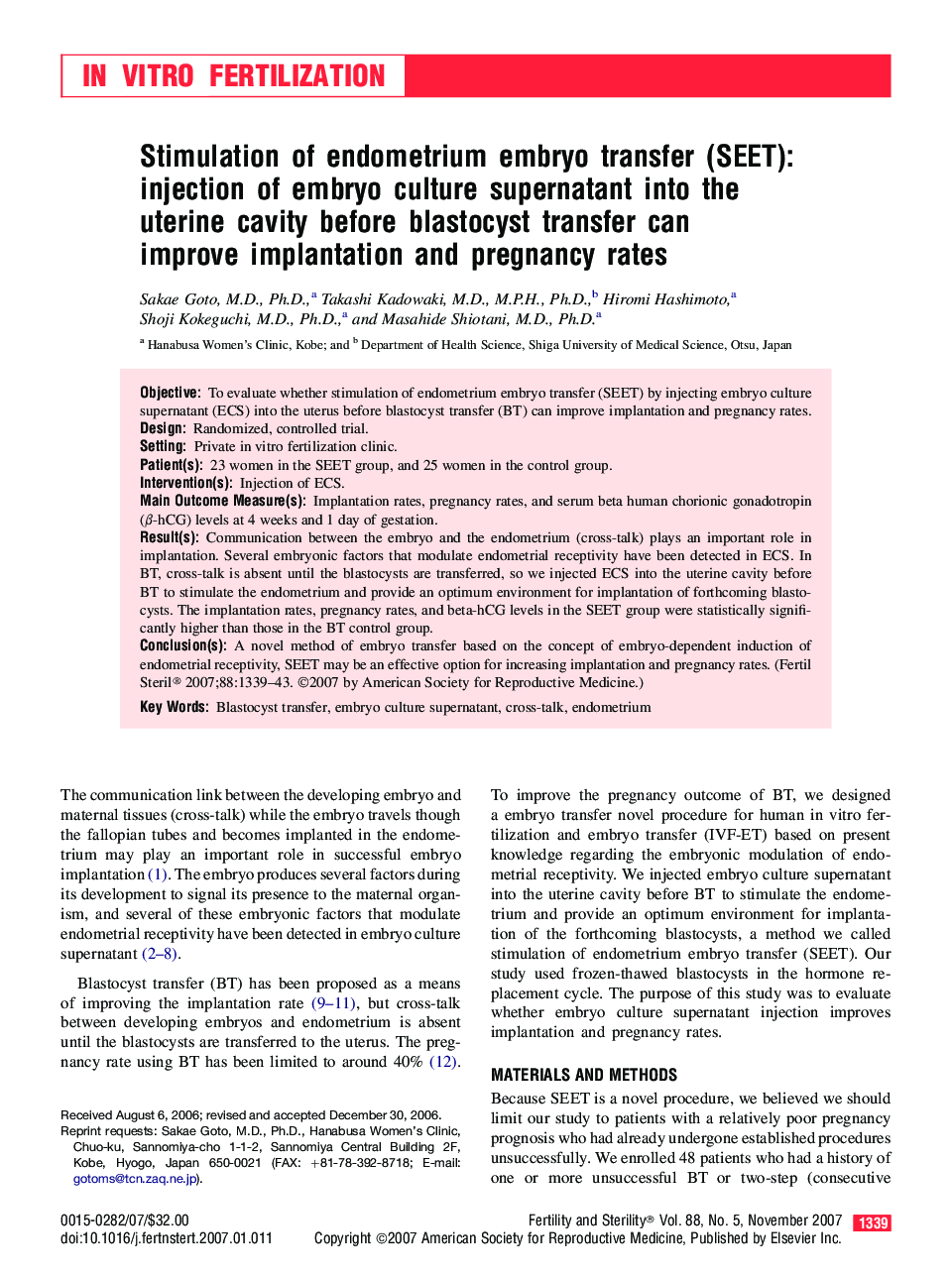 Stimulation of endometrium embryo transfer (SEET): injection of embryo culture supernatant into the uterine cavity before blastocyst transfer can improve implantation and pregnancy rates