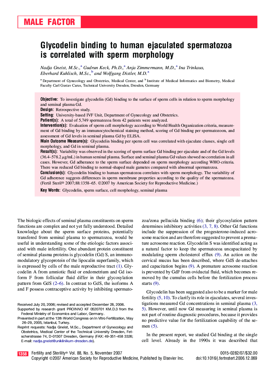 Glycodelin binding to human ejaculated spermatozoa is correlated with sperm morphology 