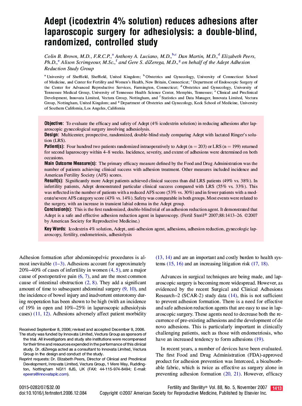 Adept (icodextrin 4% solution) reduces adhesions after laparoscopic surgery for adhesiolysis: a double-blind, randomized, controlled study 