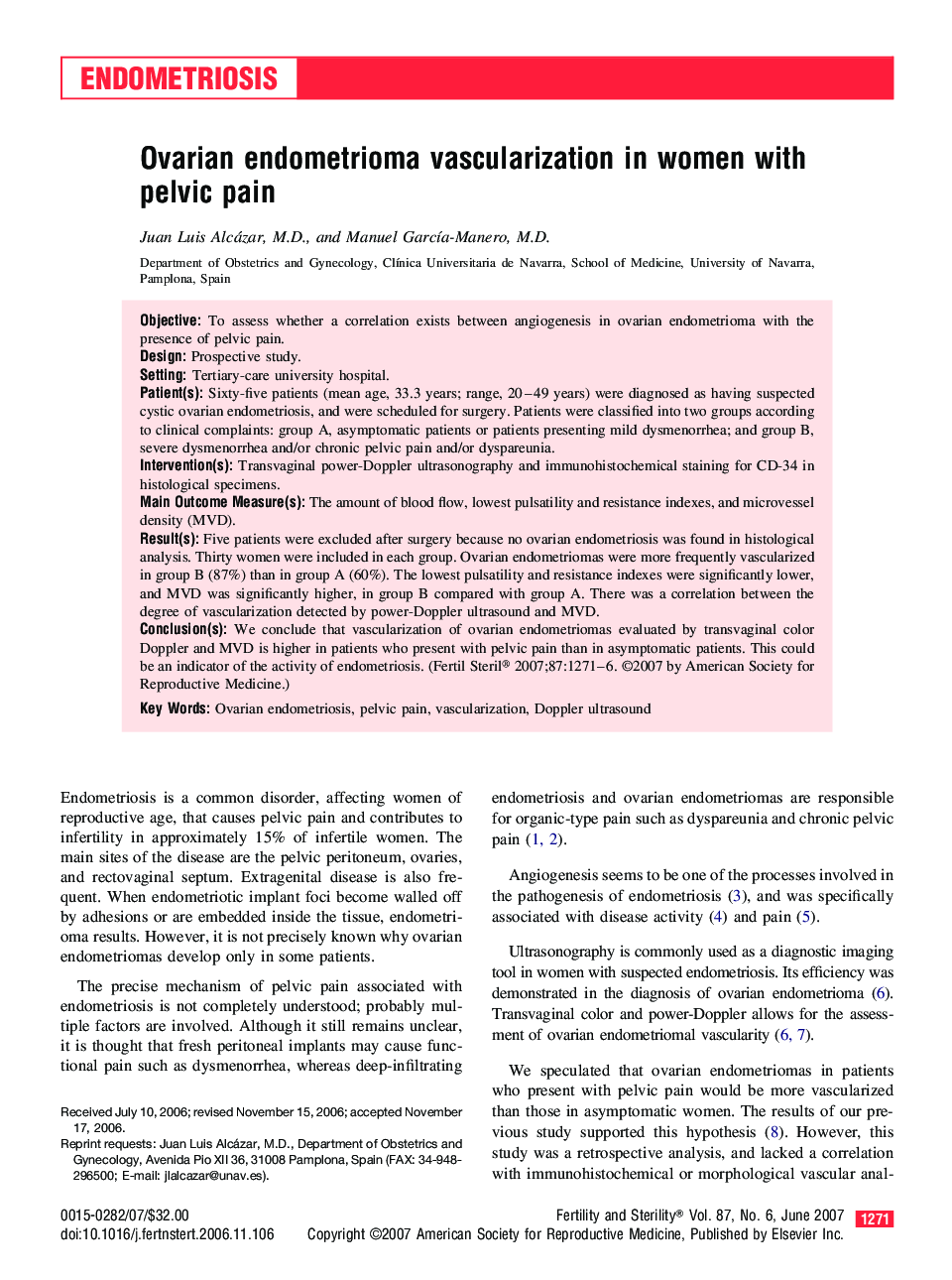 Ovarian endometrioma vascularization in women with pelvic pain