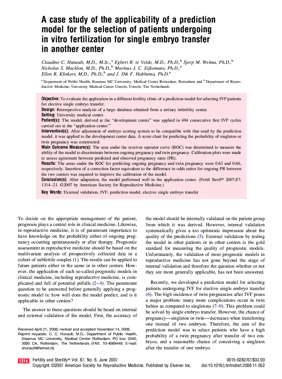 A case study of the applicability of a prediction model for the selection of patients undergoing in vitro fertilization for single embryo transfer in another center