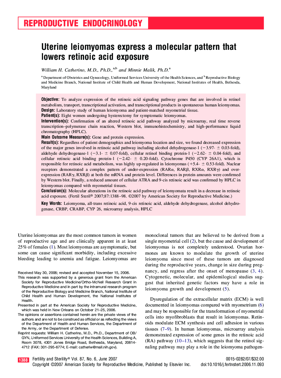 Uterine leiomyomas express a molecular pattern that lowers retinoic acid exposure 