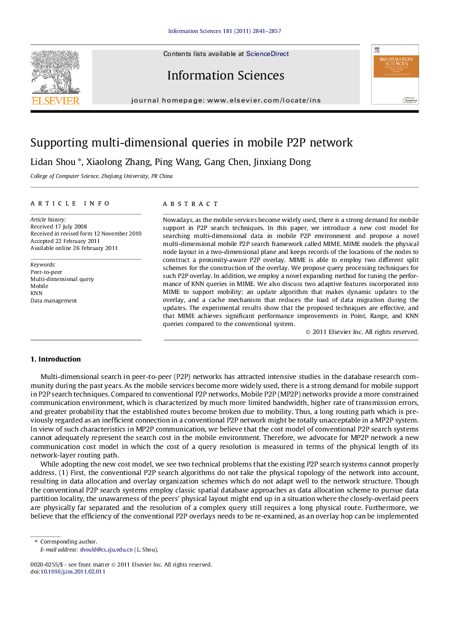 Supporting multi-dimensional queries in mobile P2P network