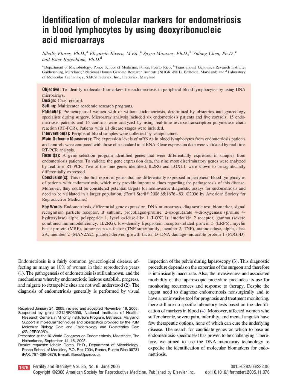 Identification of molecular markers for endometriosis in blood lymphocytes by using deoxyribonucleic acid microarrays 