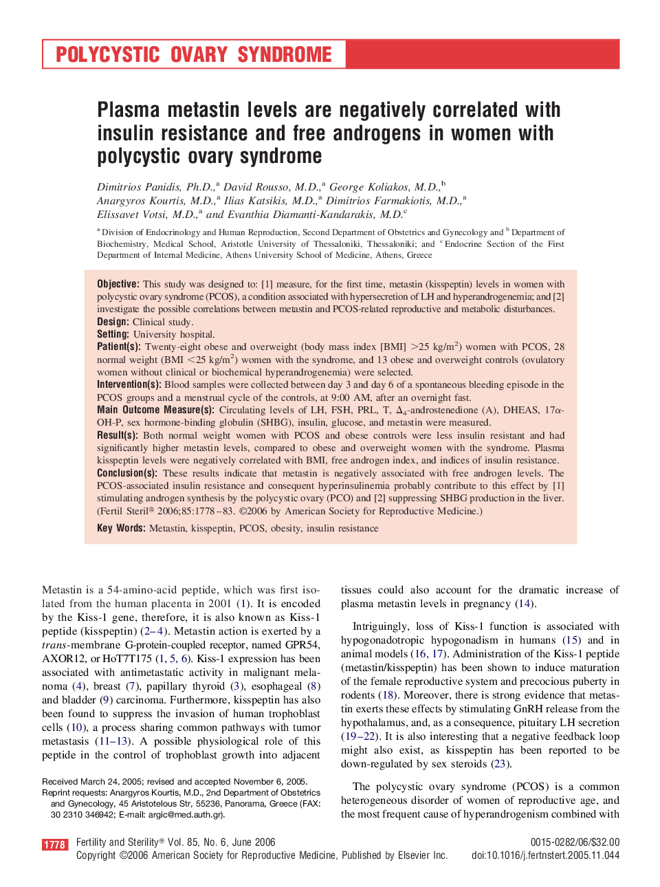 Plasma metastin levels are negatively correlated with insulin resistance and free androgens in women with polycystic ovary syndrome