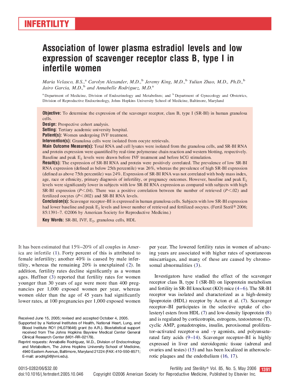 Association of lower plasma estradiol levels and low expression of scavenger receptor class B, type I in infertile women 