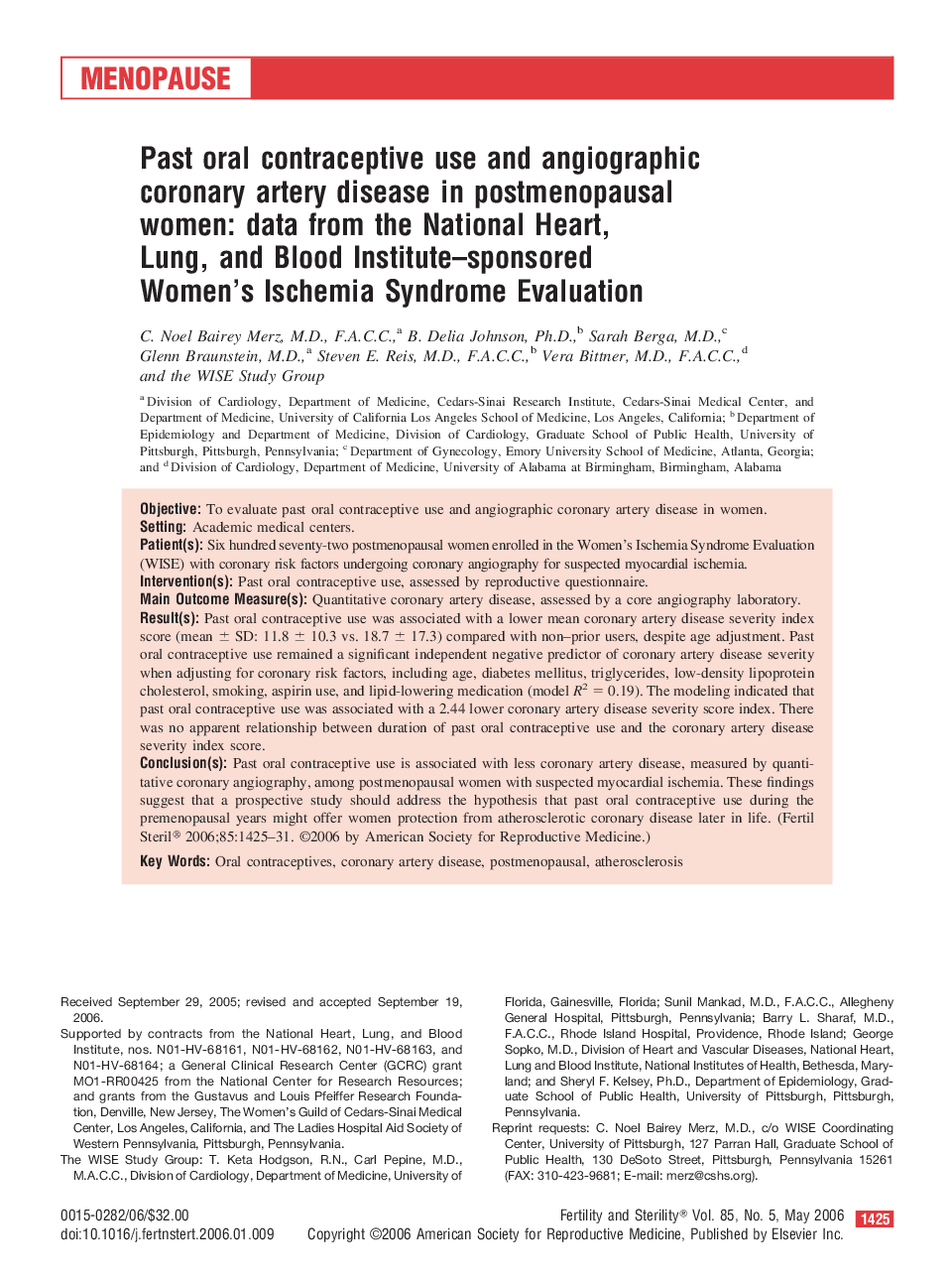 Past oral contraceptive use and angiographic coronary artery disease in postmenopausal women: data from the National Heart, Lung, and Blood Institute–sponsored Women’s Ischemia Syndrome Evaluation 