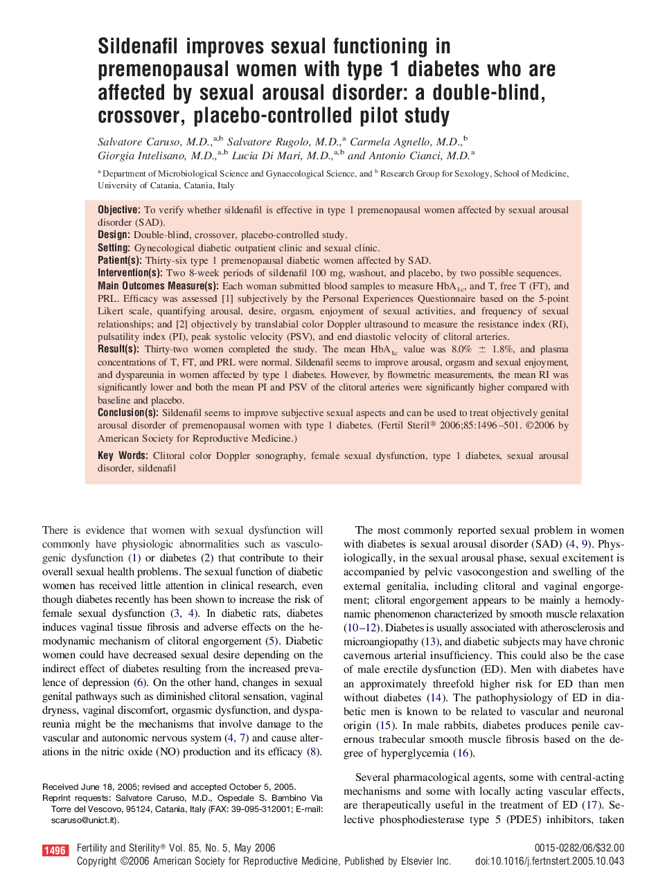 Sildenafil improves sexual functioning in premenopausal women with type 1 diabetes who are affected by sexual arousal disorder: a double-blind, crossover, placebo-controlled pilot study