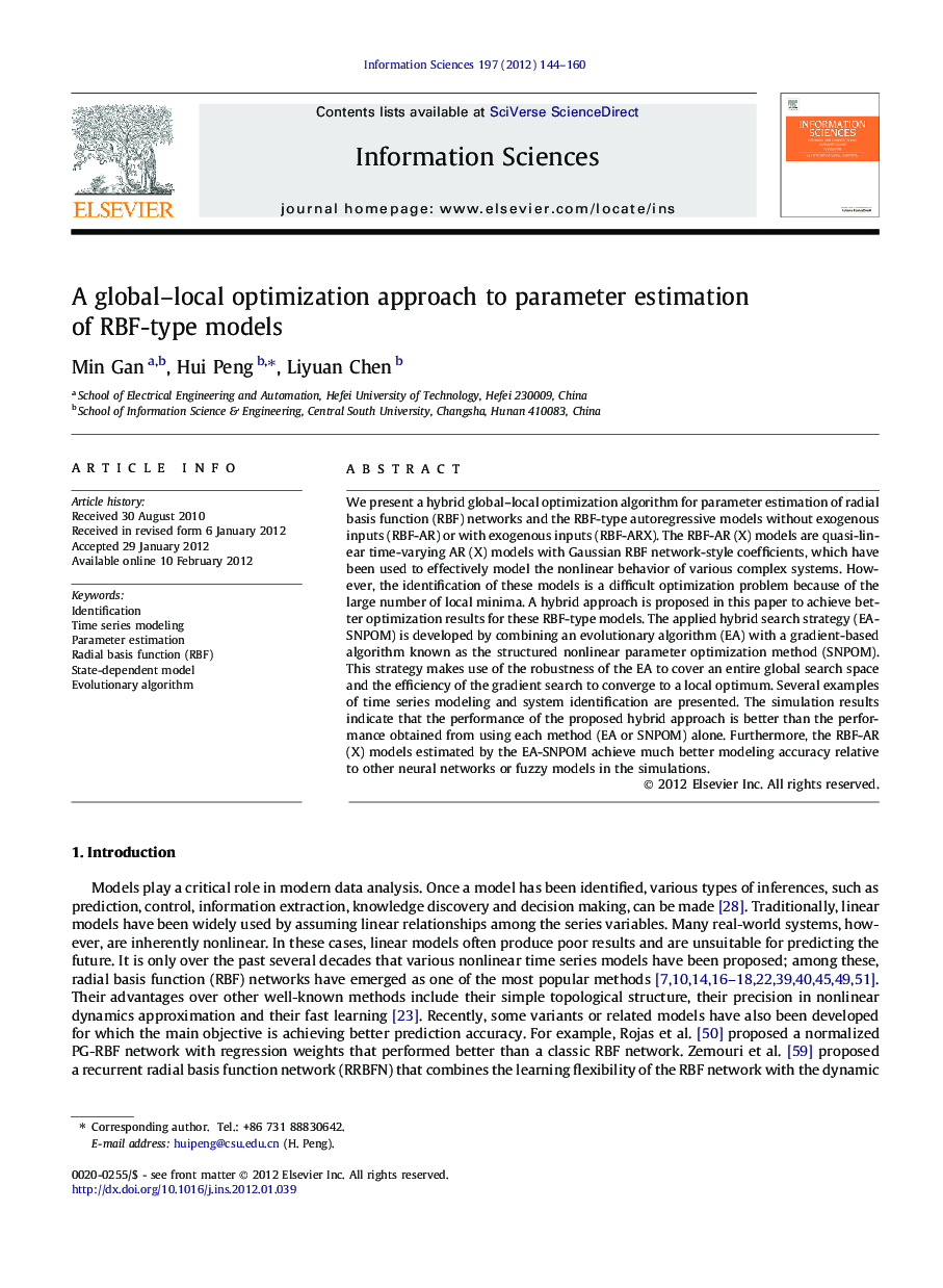 A global–local optimization approach to parameter estimation of RBF-type models