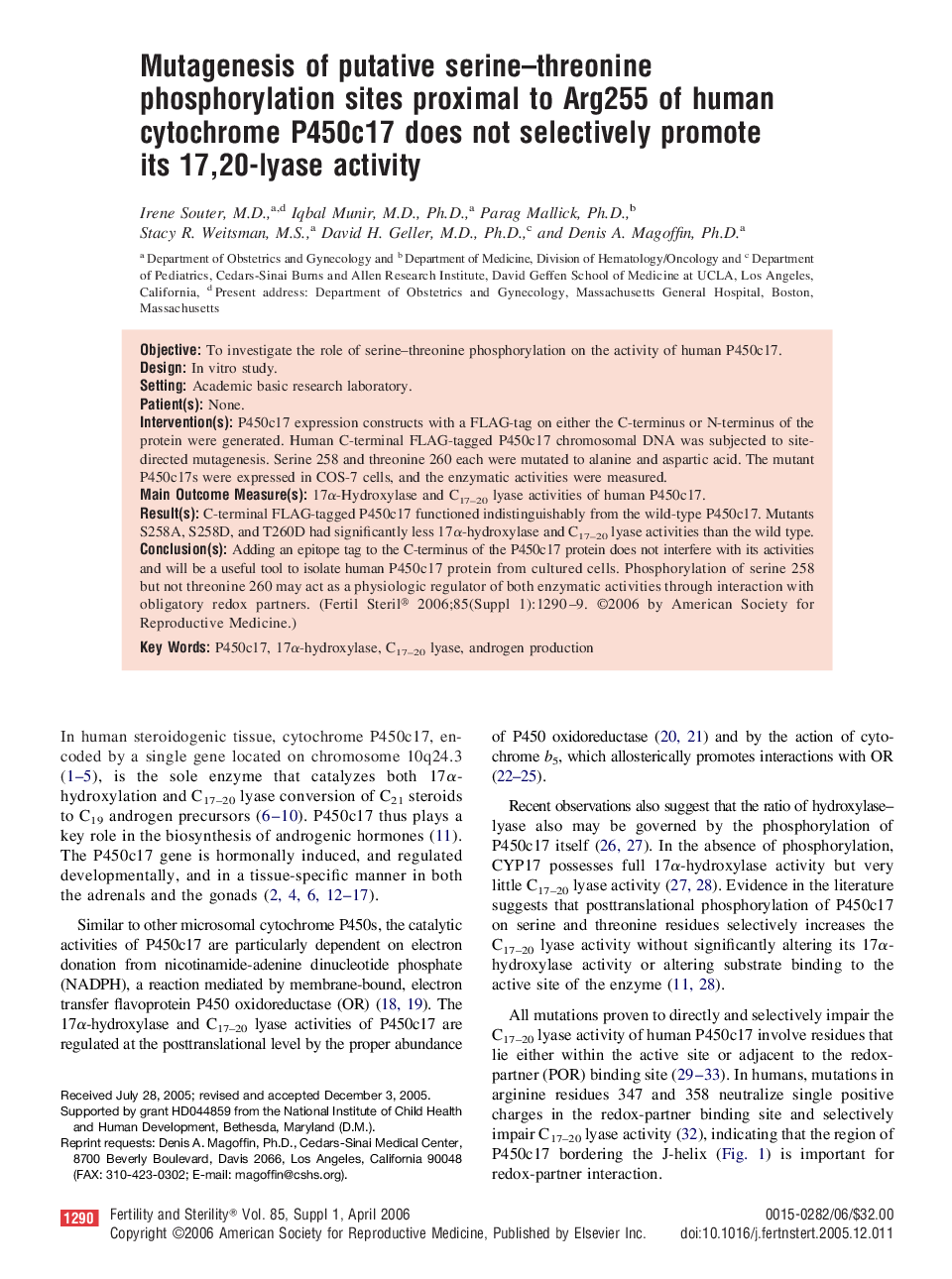 Mutagenesis of putative serine-threonine phosphorylation sites proximal to Arg255 of human cytochrome P450c17 does not selectively promote its 17,20-lyase activity