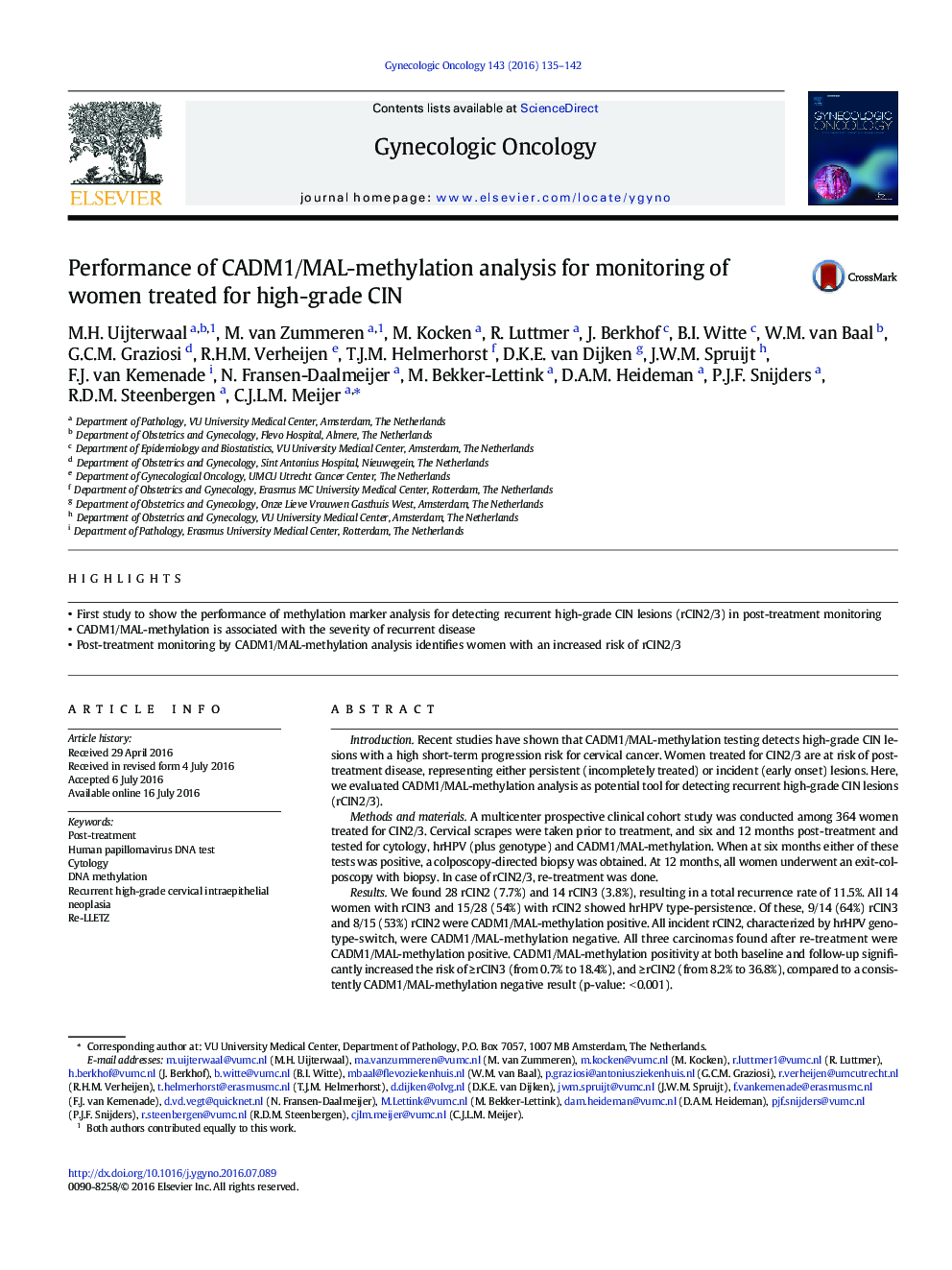 عملکرد تجزیه و تحلیل متیلاسیون CADM1/MAL برای نظارت بر زنان درمان شده برای CIN با درجه بالا 