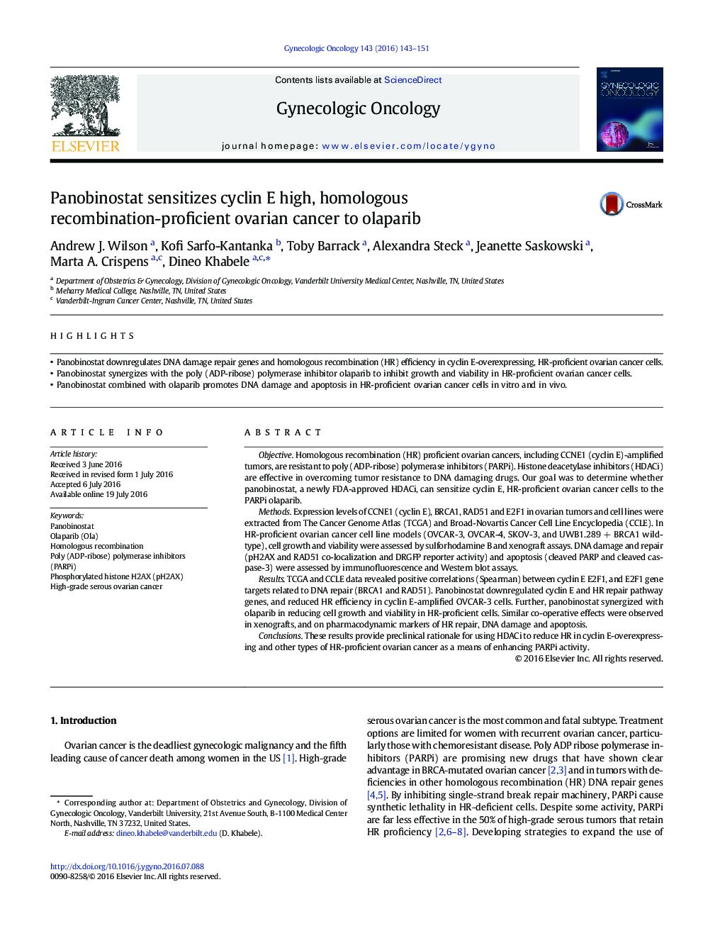 Panobinostat sensitizes cyclin E high, homologous recombination-proficient ovarian cancer to olaparib