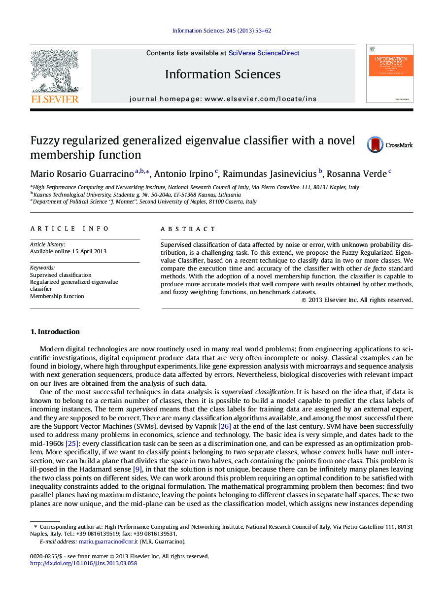 Fuzzy regularized generalized eigenvalue classifier with a novel membership function