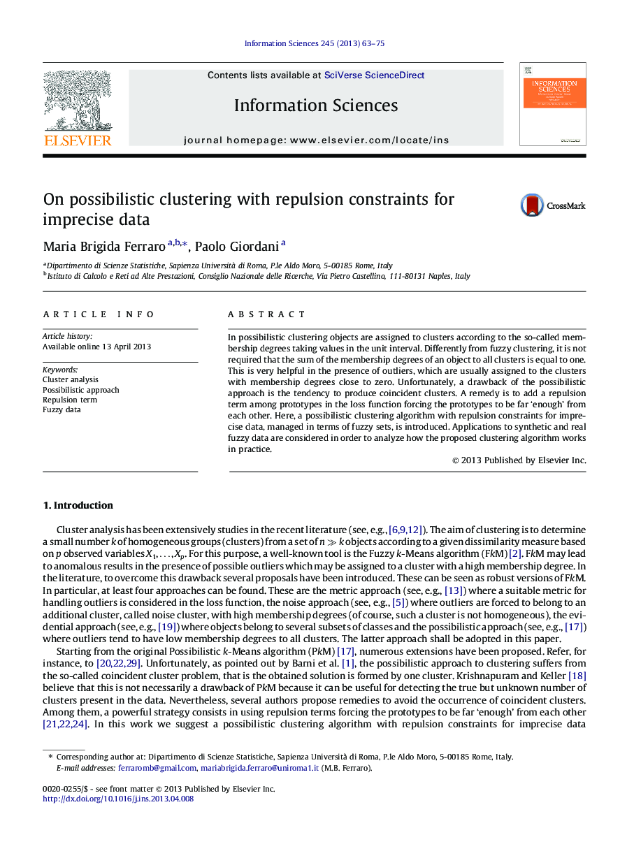 On possibilistic clustering with repulsion constraints for imprecise data