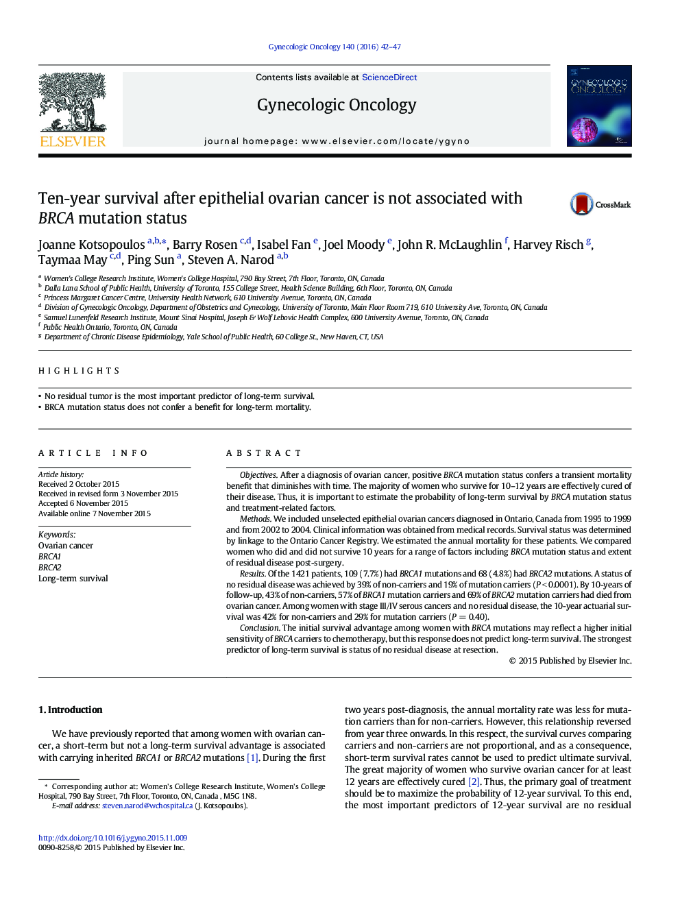 Ten-year survival after epithelial ovarian cancer is not associated with BRCA mutation status