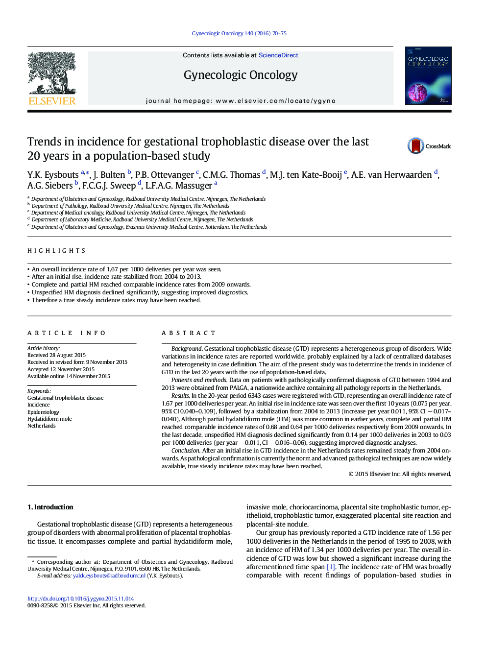 Trends in incidence for gestational trophoblastic disease over the last 20 years in a population-based study