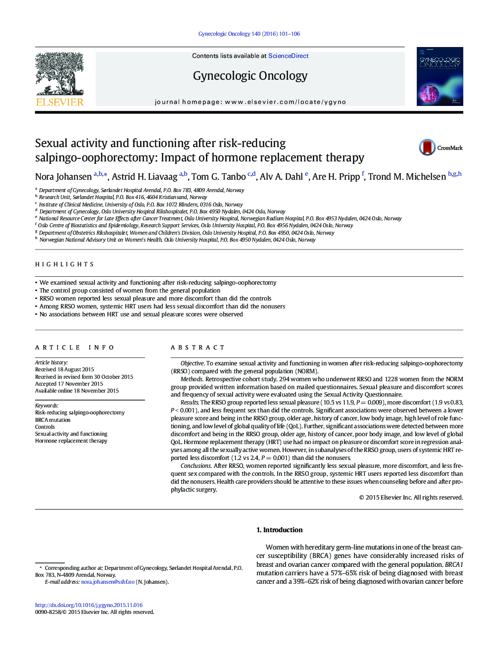 Sexual activity and functioning after risk-reducing salpingo-oophorectomy: Impact of hormone replacement therapy