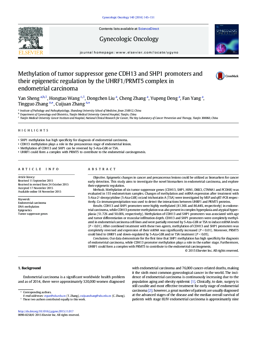 Methylation of tumor suppressor gene CDH13 and SHP1 promoters and their epigenetic regulation by the UHRF1/PRMT5 complex in endometrial carcinoma