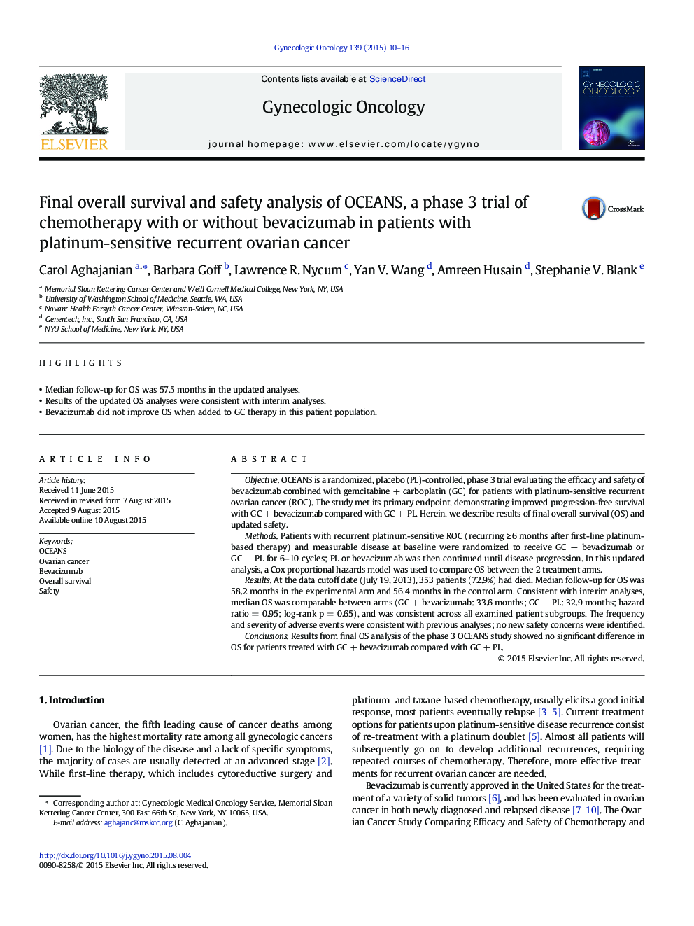 Final overall survival and safety analysis of OCEANS, a phase 3 trial of chemotherapy with or without bevacizumab in patients with platinum-sensitive recurrent ovarian cancer