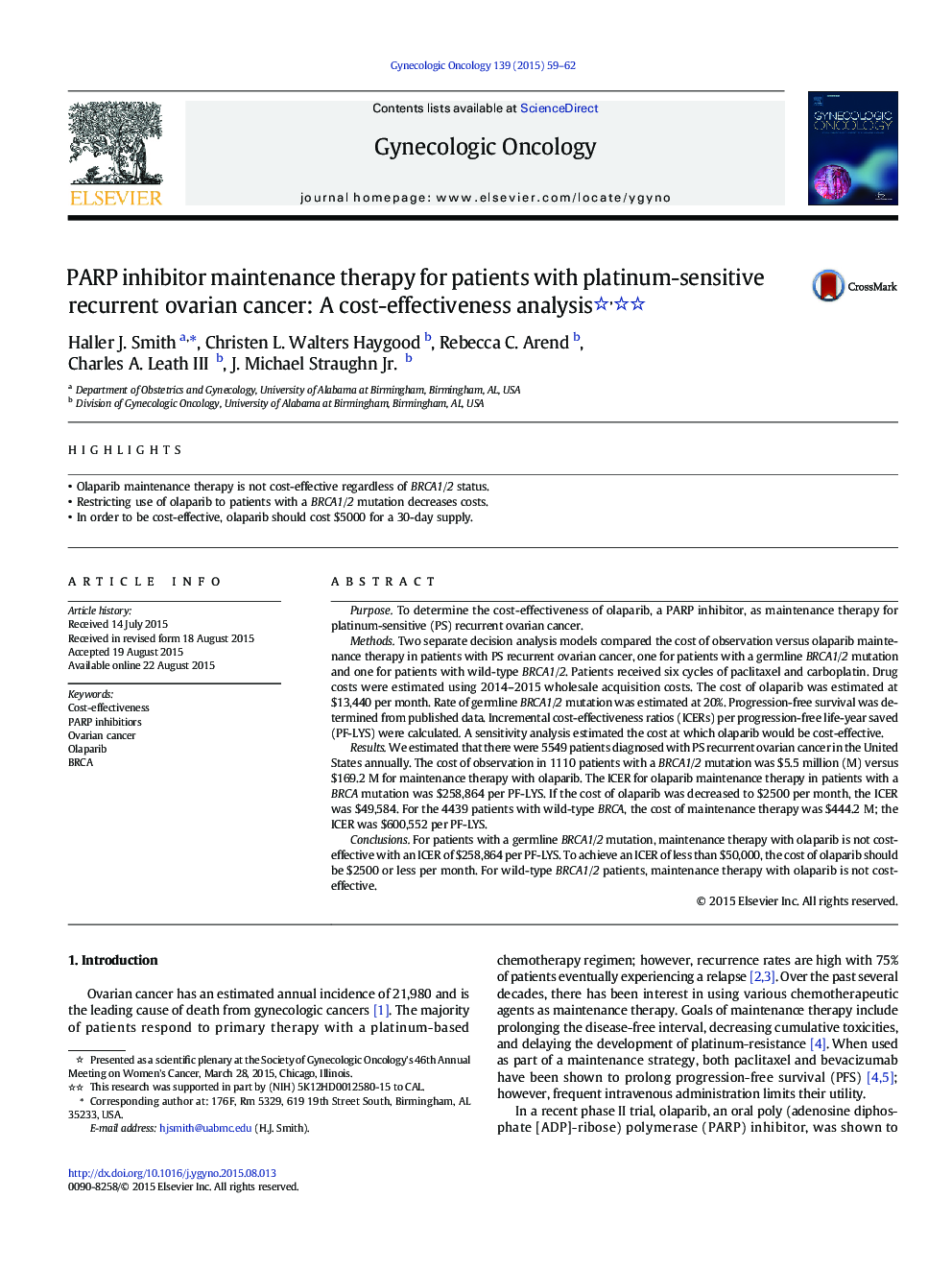 PARP inhibitor maintenance therapy for patients with platinum-sensitive recurrent ovarian cancer: A cost-effectiveness analysis 