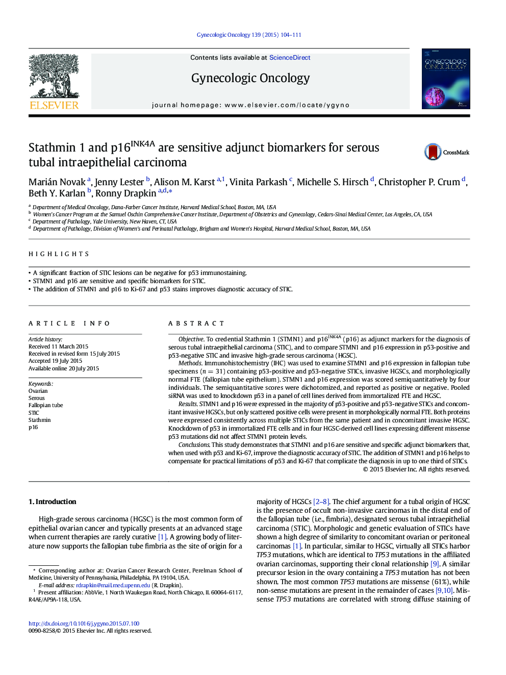 Stathmin 1 and p16INK4A are sensitive adjunct biomarkers for serous tubal intraepithelial carcinoma