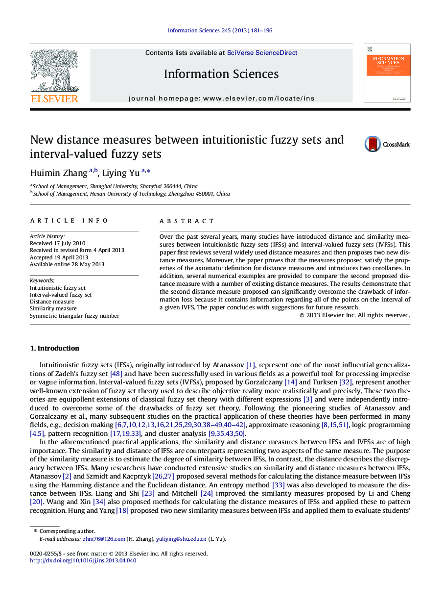 New distance measures between intuitionistic fuzzy sets and interval-valued fuzzy sets