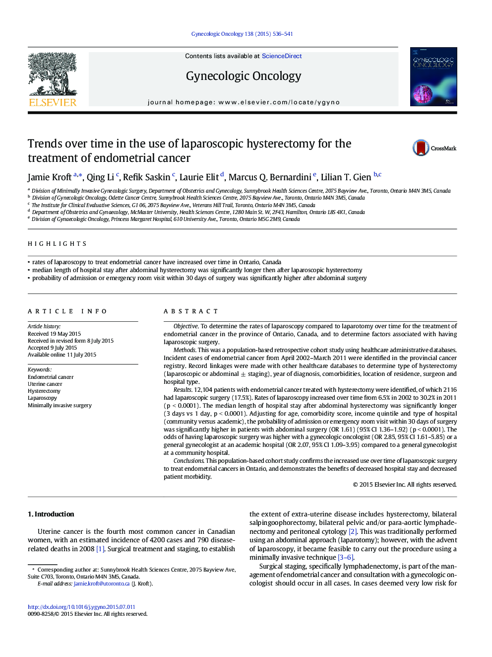 Trends over time in the use of laparoscopic hysterectomy for the treatment of endometrial cancer