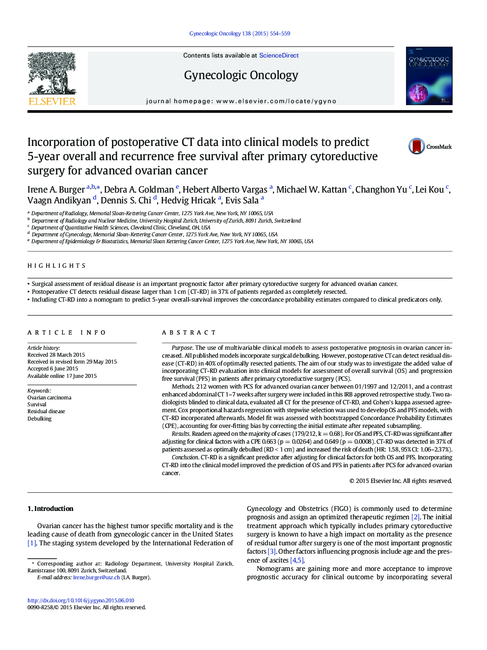 Incorporation of postoperative CT data into clinical models to predict 5-year overall and recurrence free survival after primary cytoreductive surgery for advanced ovarian cancer