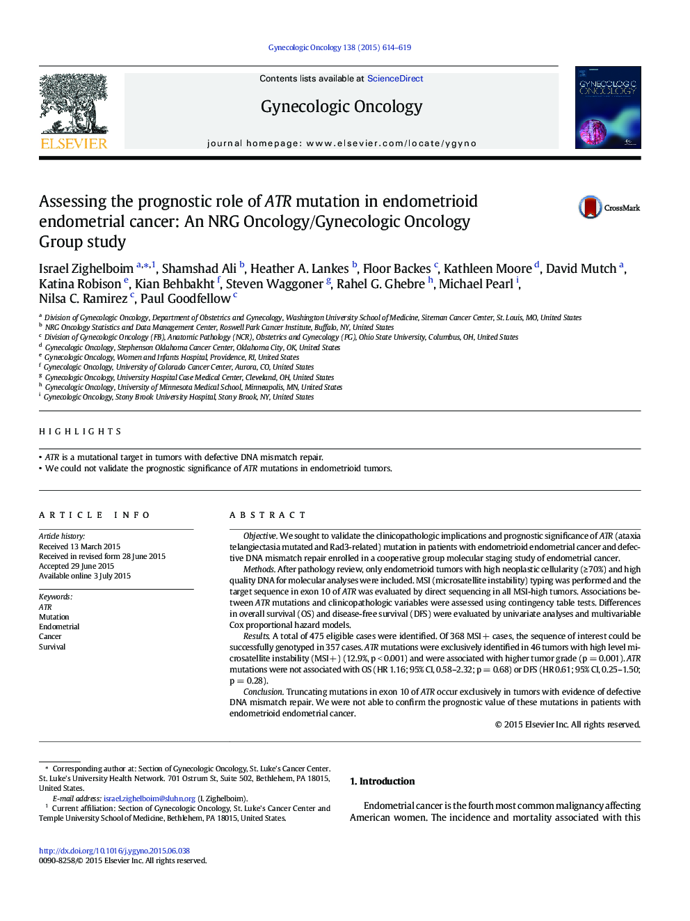 Assessing the prognostic role of ATR mutation in endometrioid endometrial cancer: An NRG Oncology/Gynecologic Oncology Group study