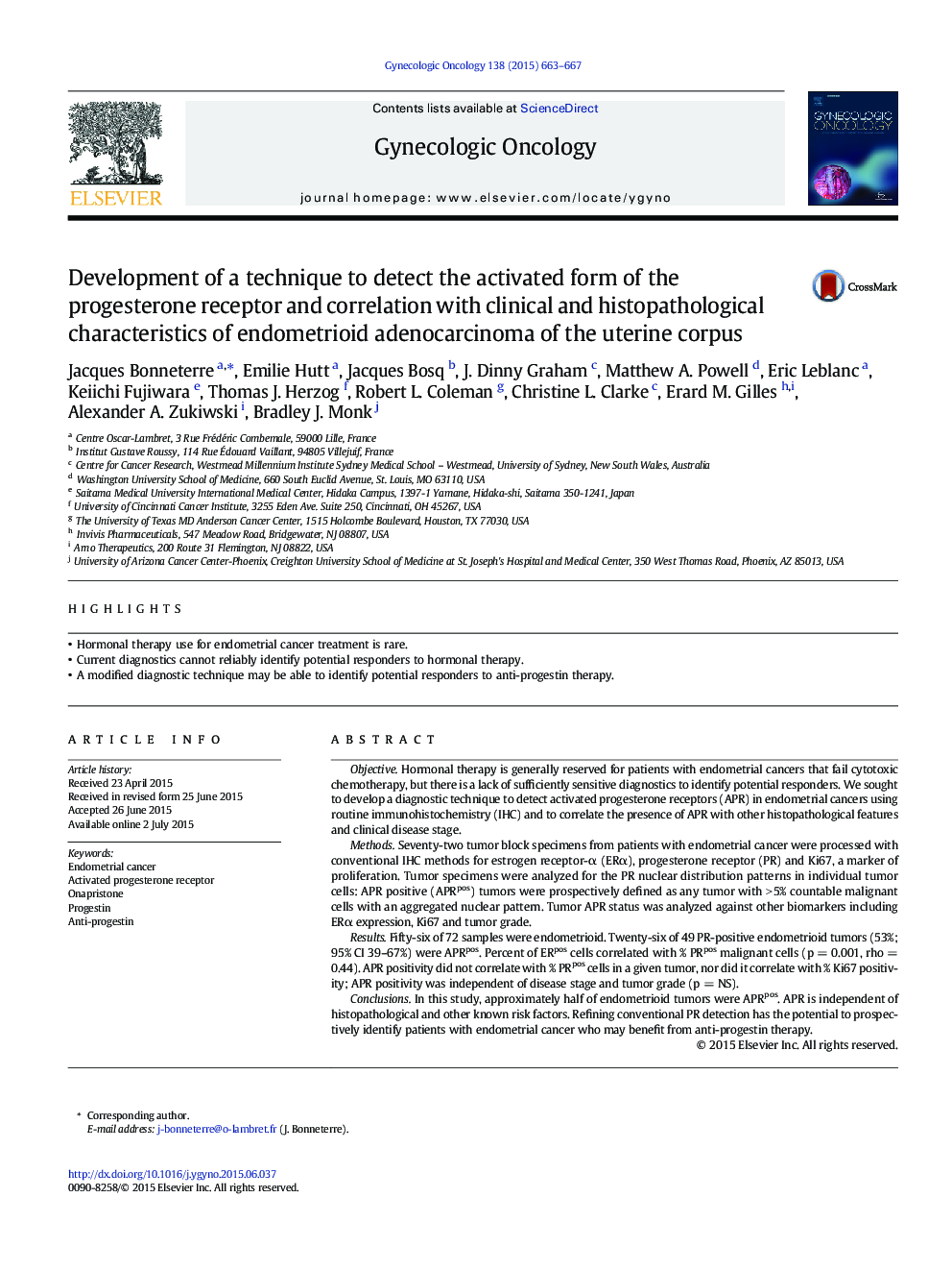 Development of a technique to detect the activated form of the progesterone receptor and correlation with clinical and histopathological characteristics of endometrioid adenocarcinoma of the uterine corpus